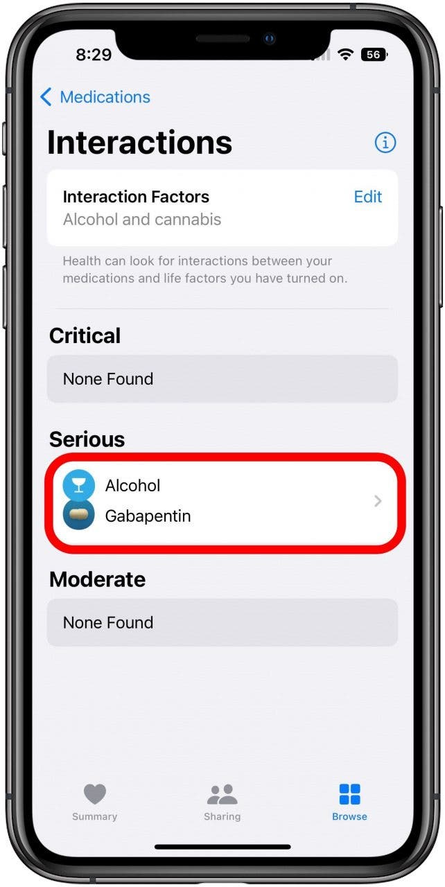 Health app on the Medications screen for all interaction warnings with one warning marked.