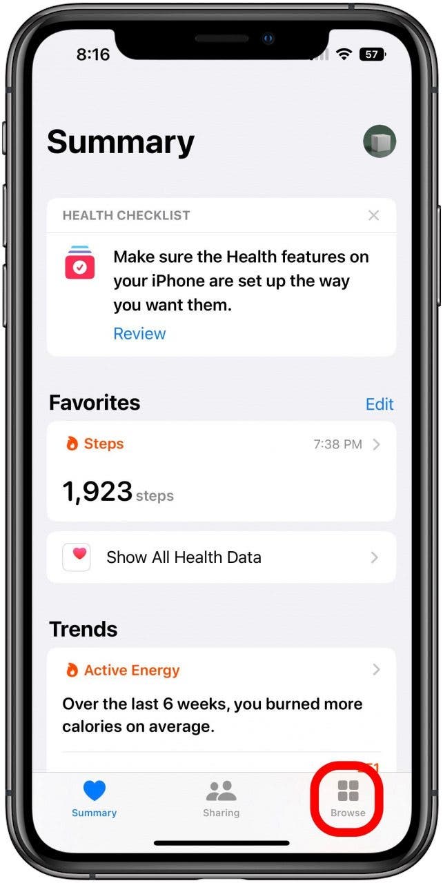 Health app on the Summary tab with the Browse tab button marked.