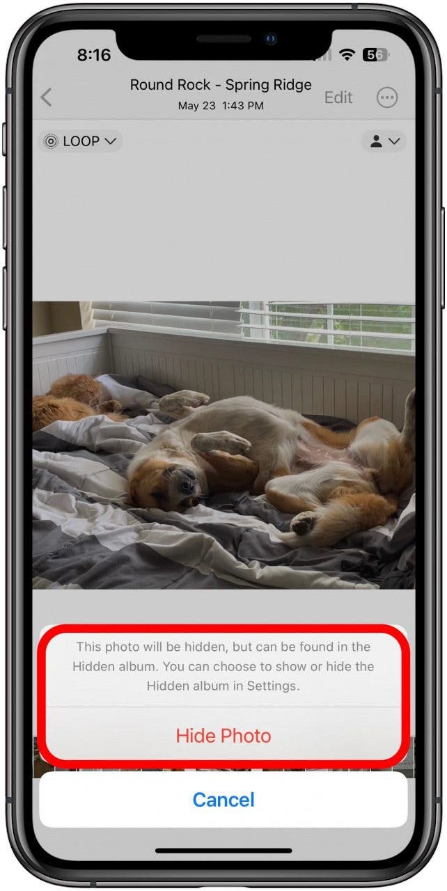 The Photos app with the Hide confirmation message open for a specific photo, the Hide option and info box is marked.