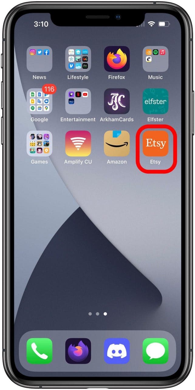 Home screen with Etsy app marked.