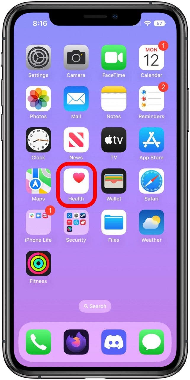Home screen with Health app icon marked.