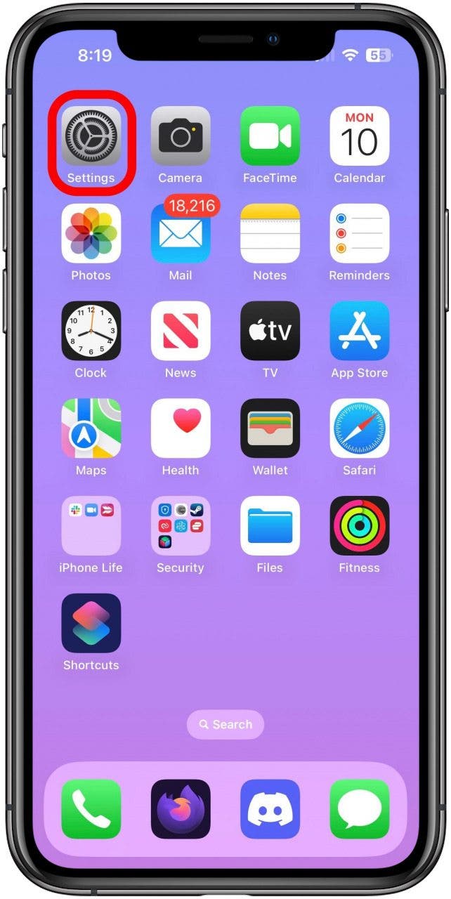 Home Screen with the Settings app icon marked.