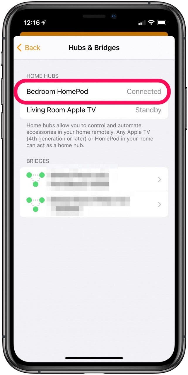 Select the HomePod you want to use as a Hub. It will say connected when it's set as the Hub.