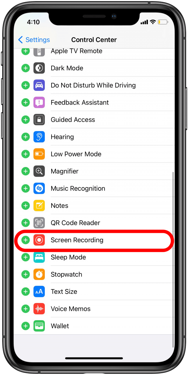 Tap the green plus next to Screen Recording