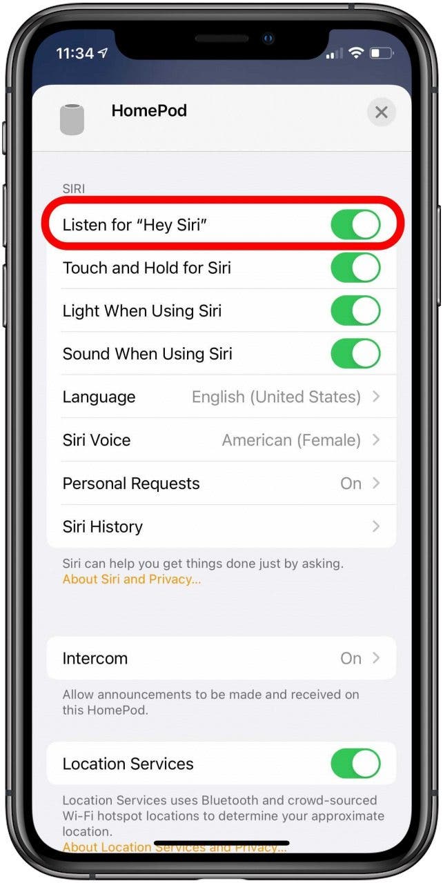 Toggle on Listen for Hey Siri. The toggle will turn green.