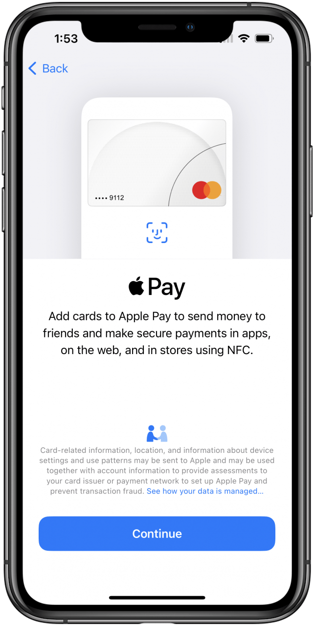 tap continue to add card to apple pay