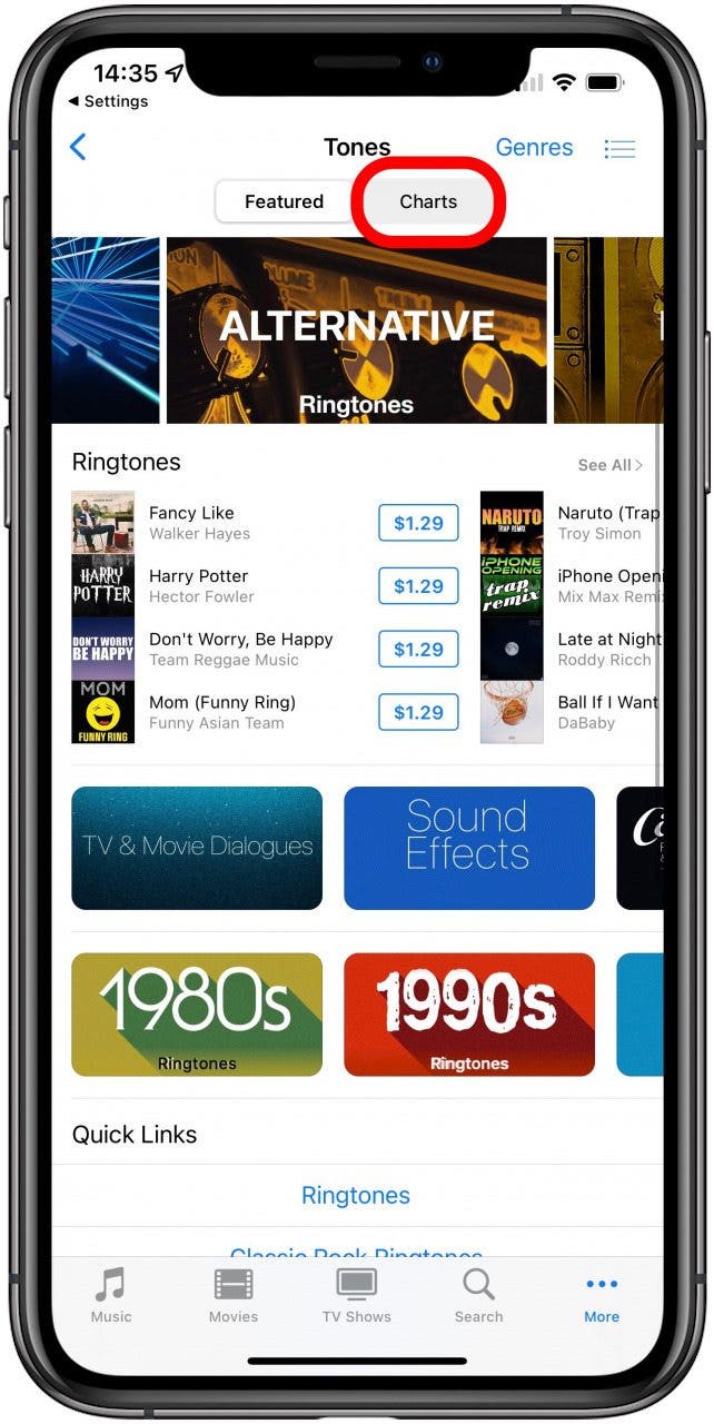 You can also tap the Charts tab to see the most popular ringtones.