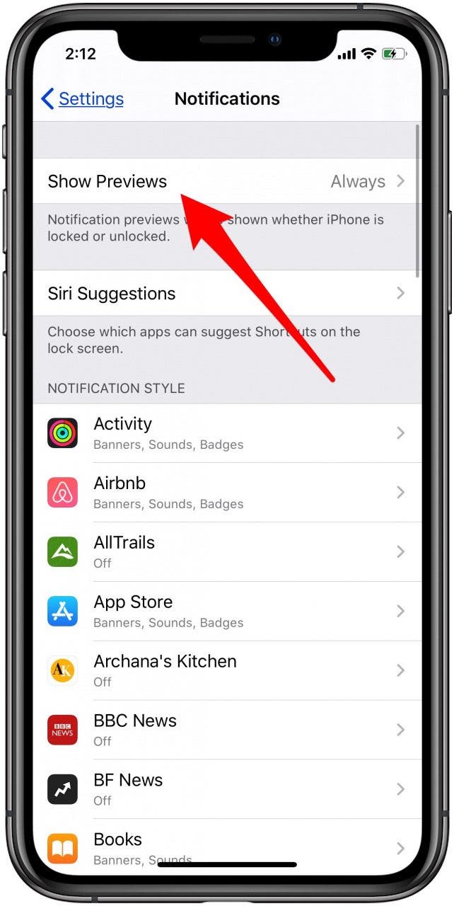 notification preview options