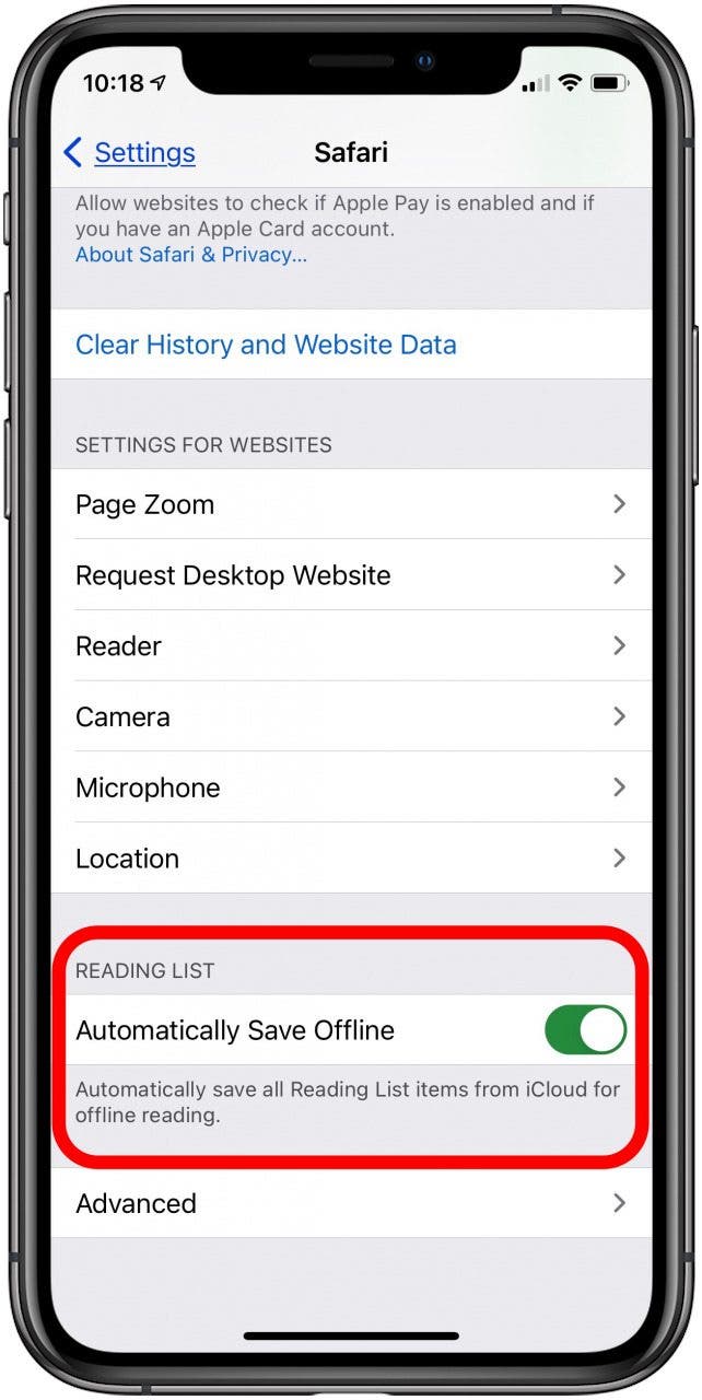 toggle on automatically save offline under reading list in safari settings