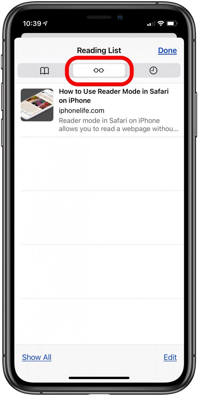 tap the glasses icon to open your safari reading list