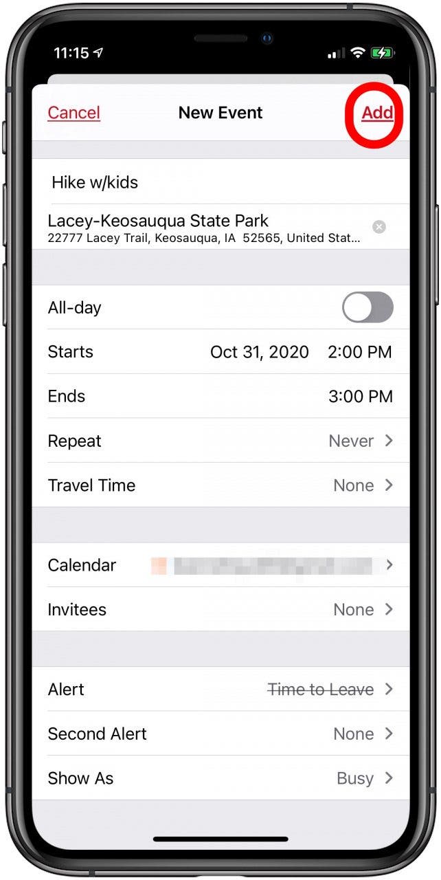 tap add to finish creating your calendar event