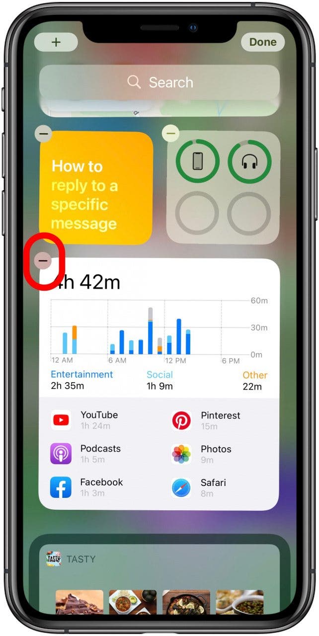 tap the minus sign next to the widget