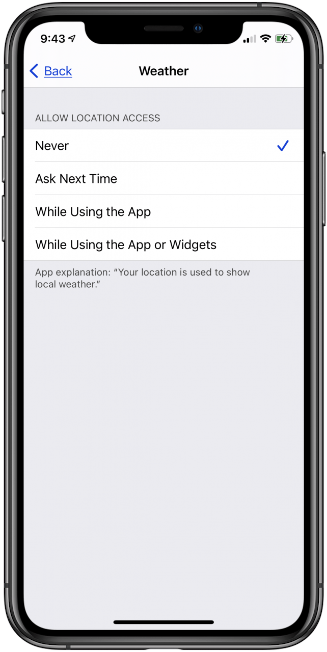 tap never to stop location access in the weather app and widget