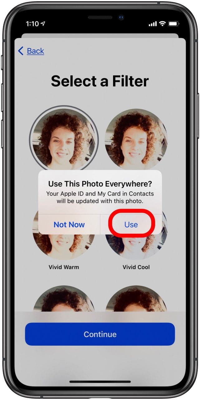 tap use to use your new icon for your apple id and contact card