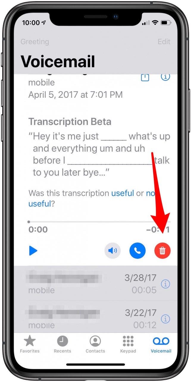 tap the delete ion to delete a voiemail