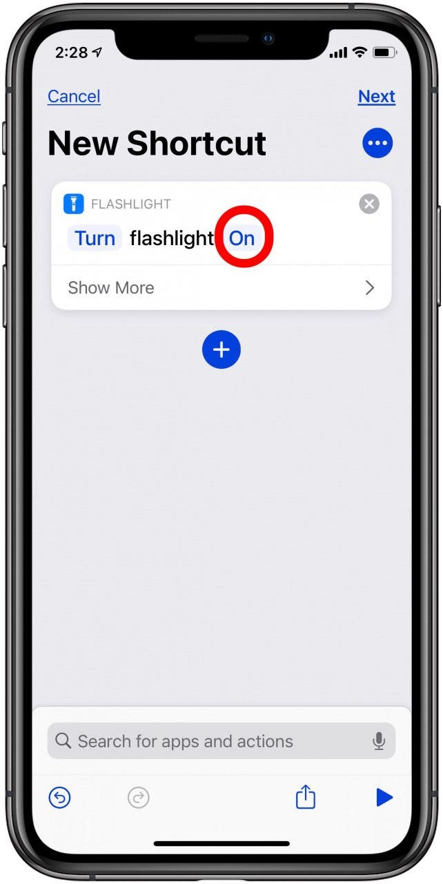 tap on in the Turn Flashlight On shortcut