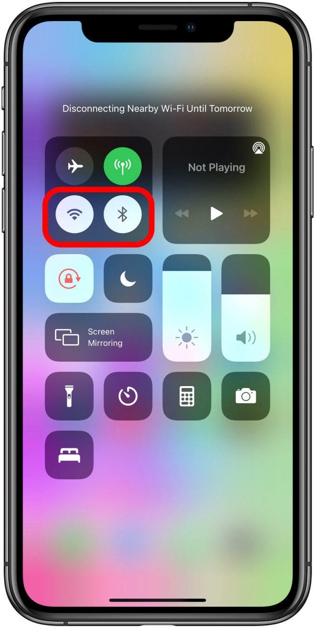 Tap the Wi-Fi and Bluetooth buttons to turn them off; they will turn white.