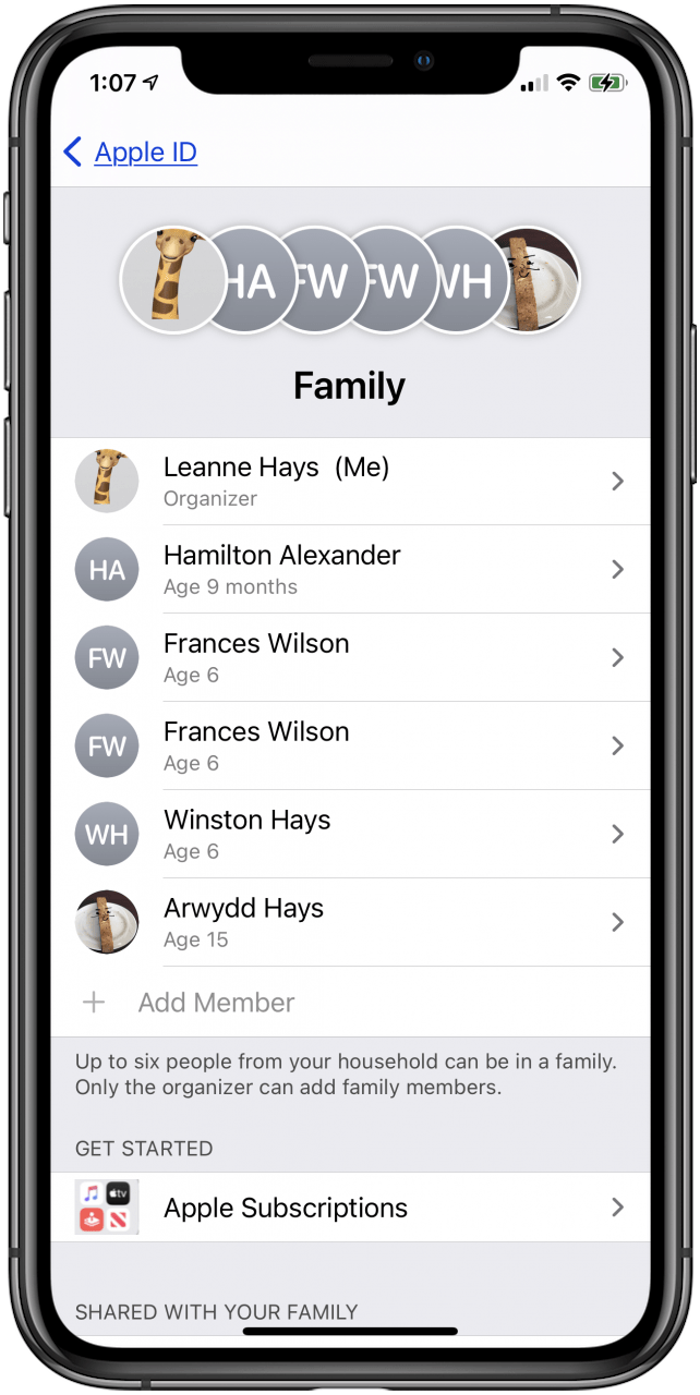 Apple Family Sharing list