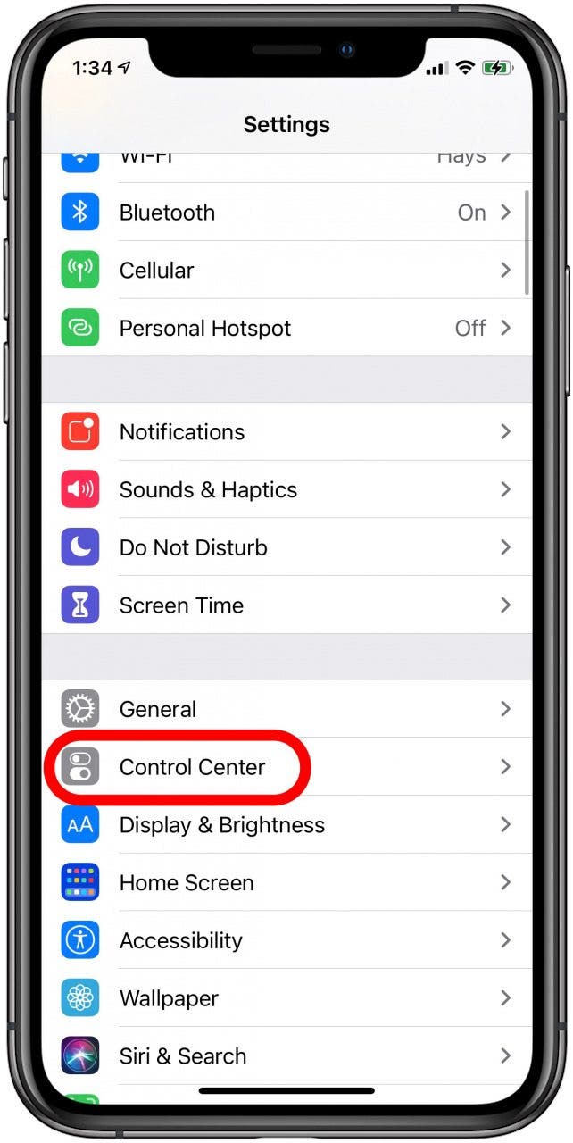 iphone control cetner settings