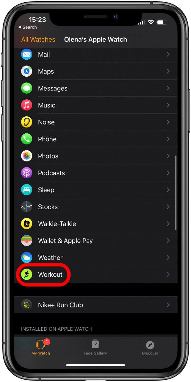 Workout settings in Apple Watch app on iPhone