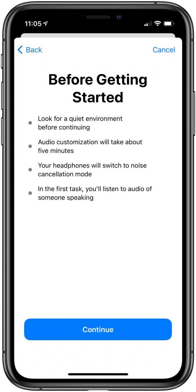 tap continue to set up headphone accommodations