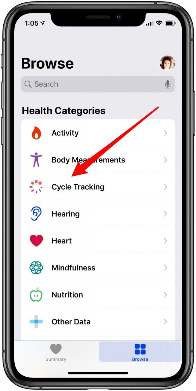 tap cycle tracking in the health app