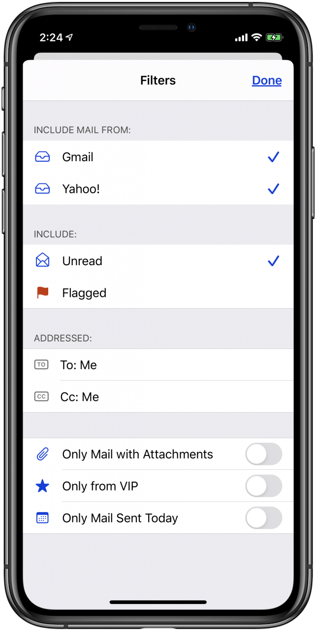 email filter options on iphone