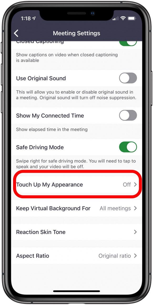 turn off touch up my appearance in zoom