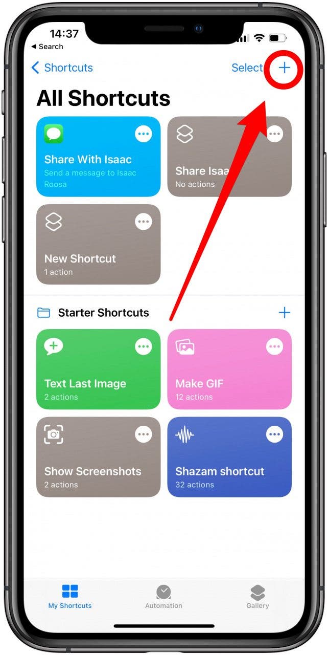 Tap the plus icon to add a new shortcut