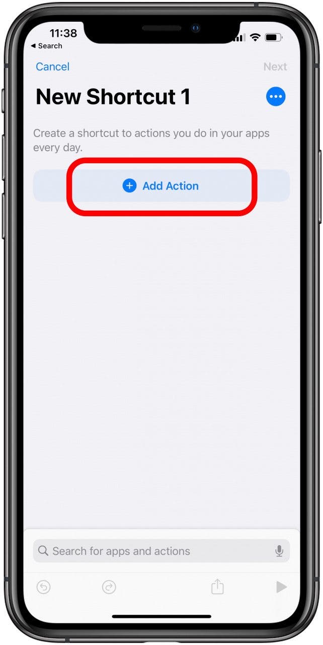 Select add action to add a new shortcut
