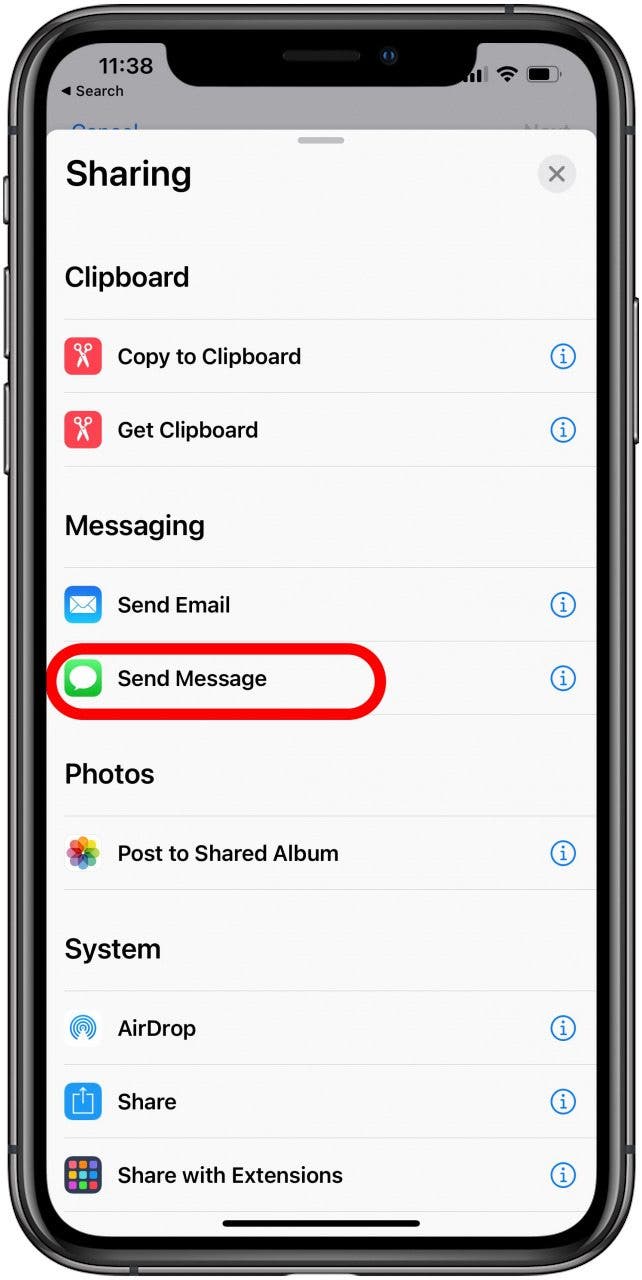 Select send message to create a new shortcut