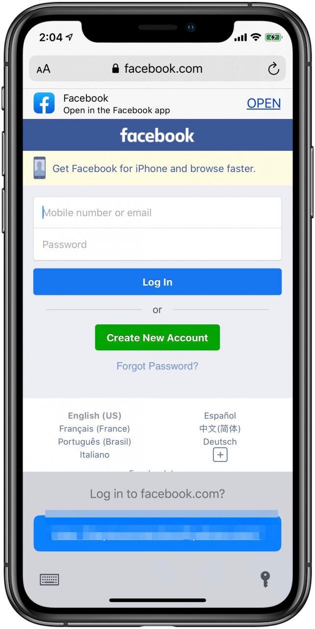 facebook login from safari