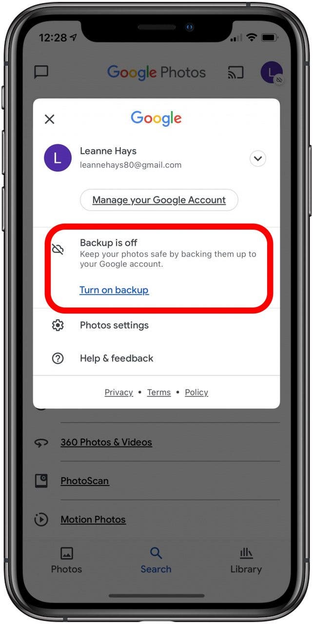 turn on google photos back up