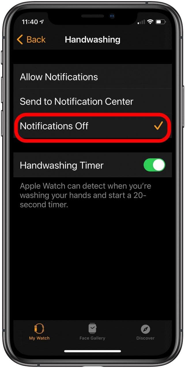 Select Notifications Off to avoid receiving notifications for handwashing