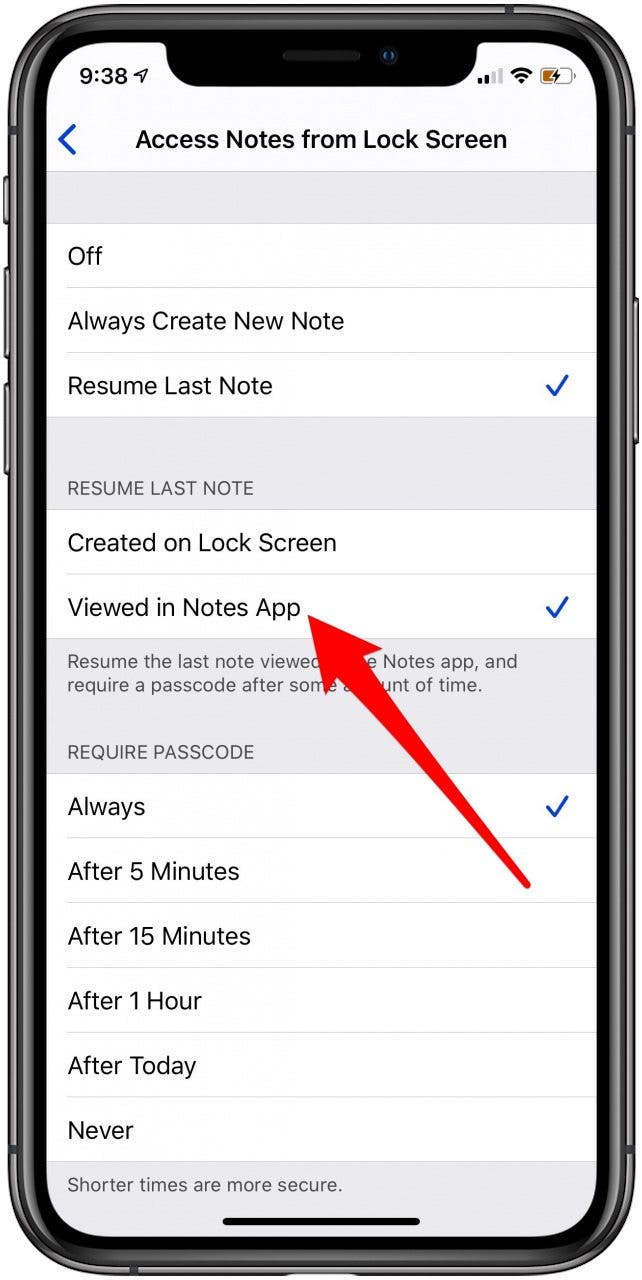 resume last note viewed in notes app