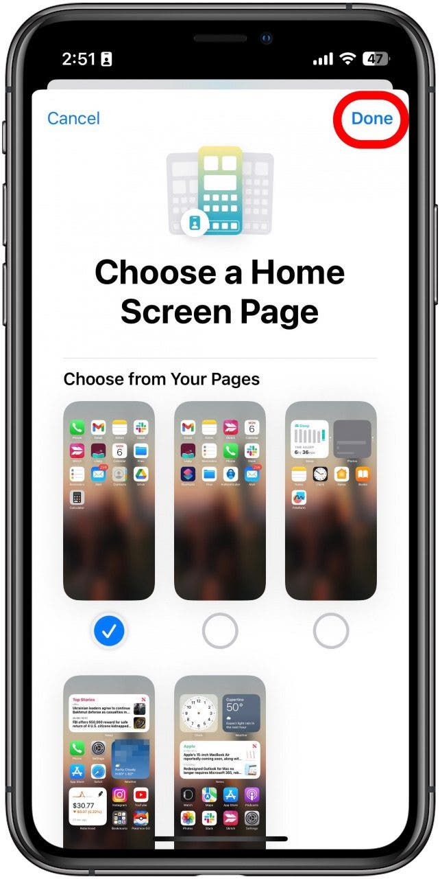 a screenshot of the iPhone home screen with a widget stack added and an arrow to the Done button in the top right corner