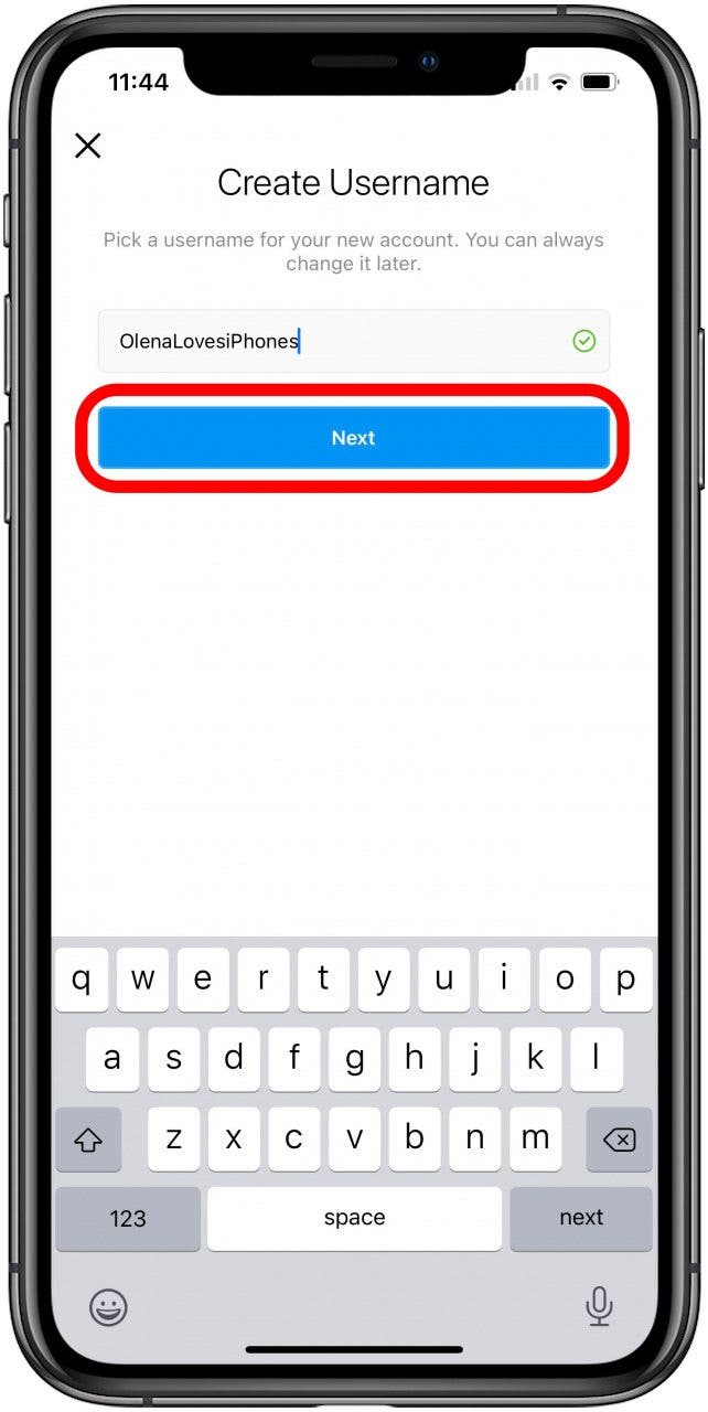 Create a new Instagram username and tap next.