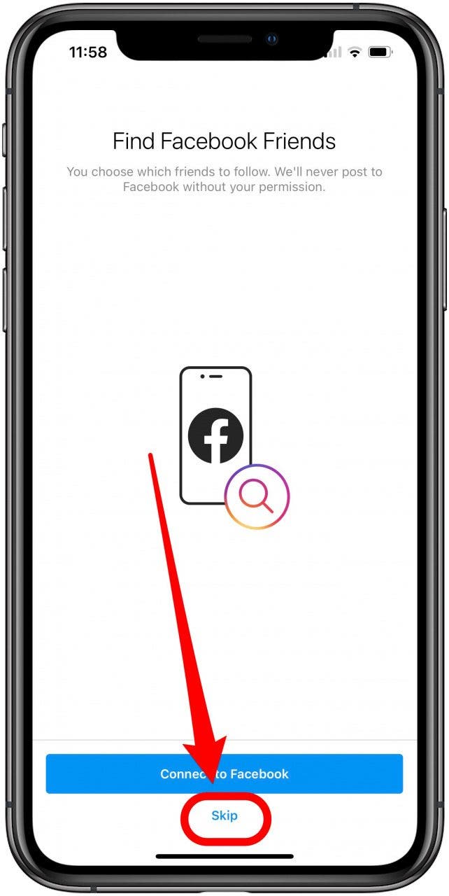 Tap skip to set up Instagram later.