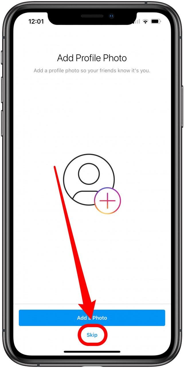 Tap skip to add an profile picture on Instagram later.