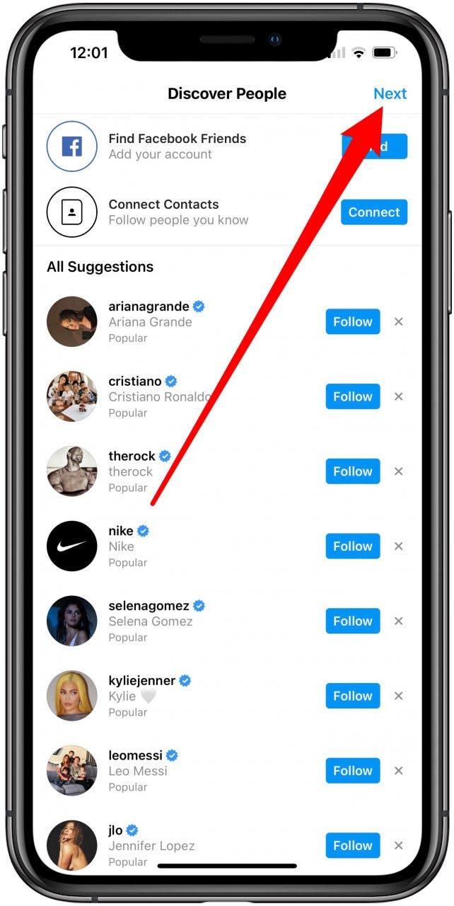 Tap next to add Instagram accounts to follow later.