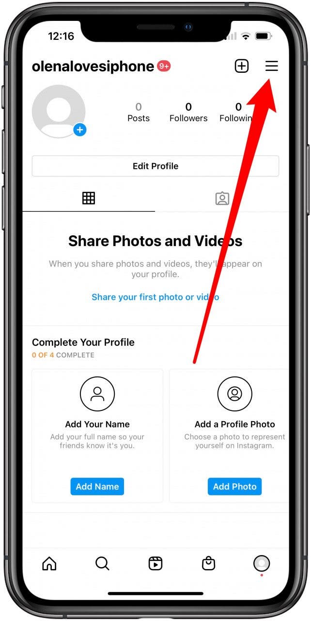 Tap the burger icon to see Instagram settings.