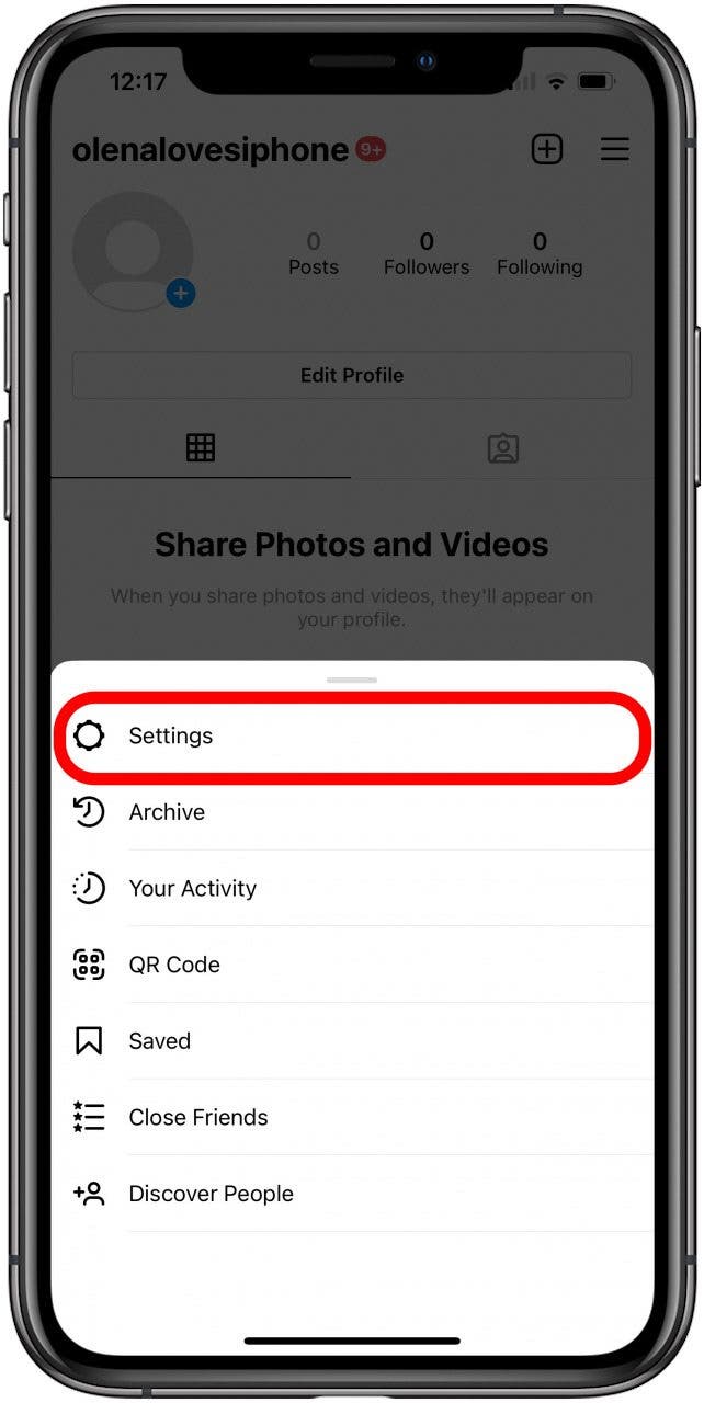 Tap the gear icon to open Instagram Settings.​