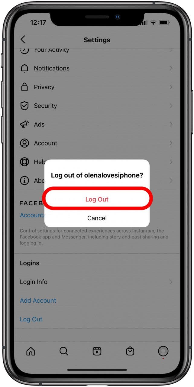 Confirm to log out of an Instagram account.