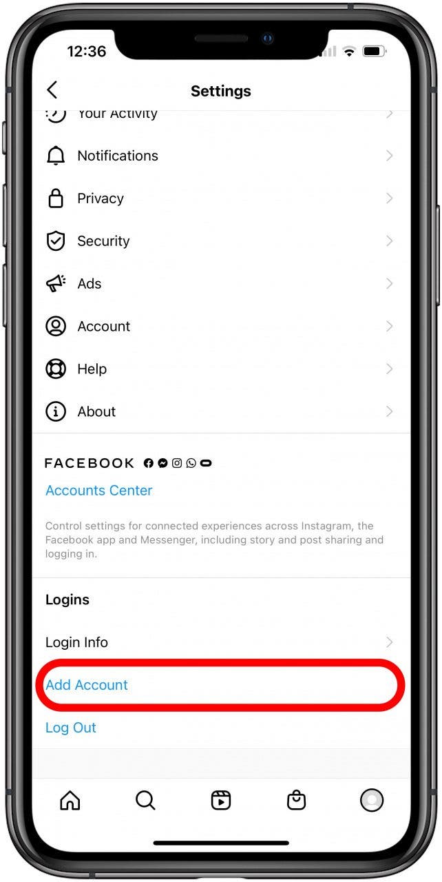 Tap add account to add a new Instagram account.