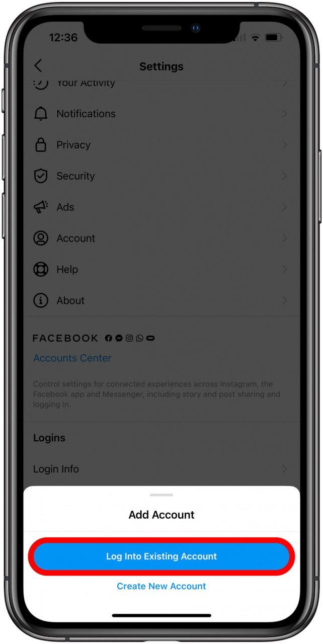 Tap Log into Existing Account to add an Instagram account.