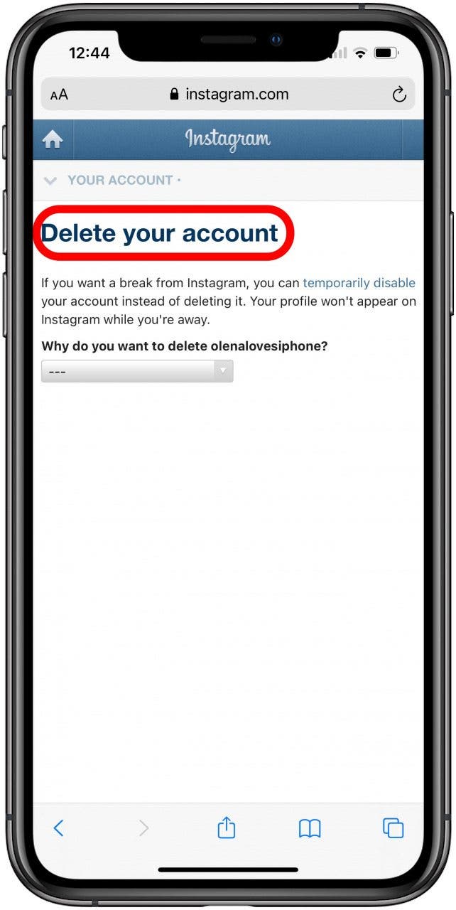 Use the special link to get to the page to delete an Instagram account.