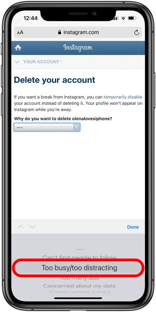 Select a reason for deleting your Instagram account.