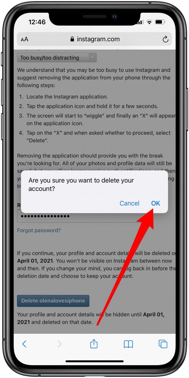 Confirm to delete your Instagram account.
