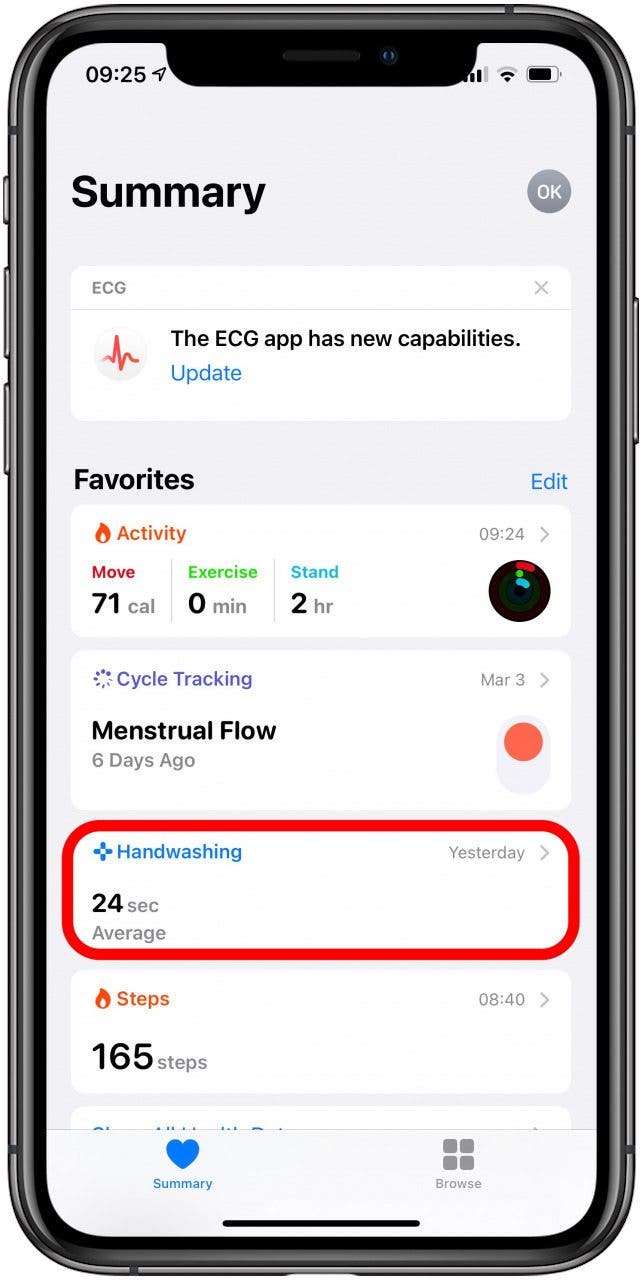 Tap on Handwashing to see your stats.