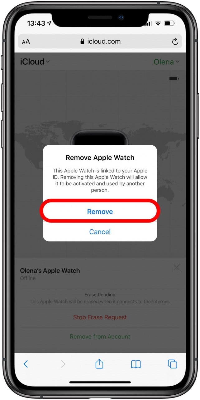 Confirm to remove you Apple Watch from iCloud